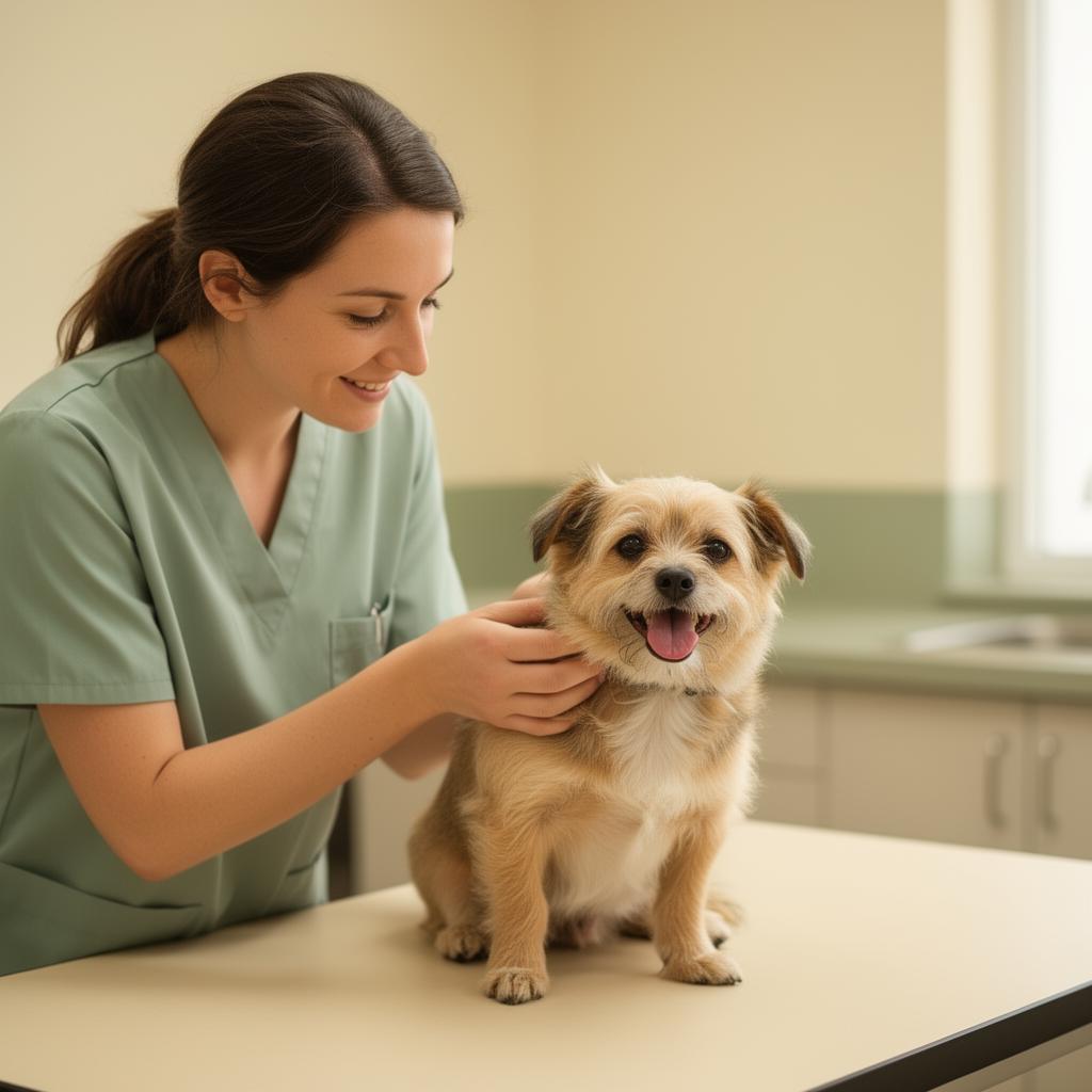 Veterinária cuidando de um cachorro em consultório